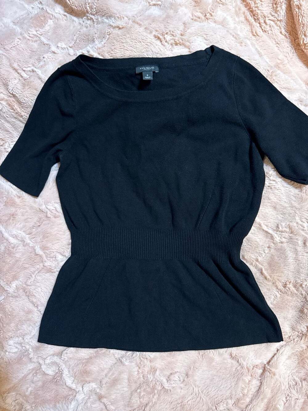 Ann Taylor Factory Black Short Sleeve Peplum Knit Top, Size M